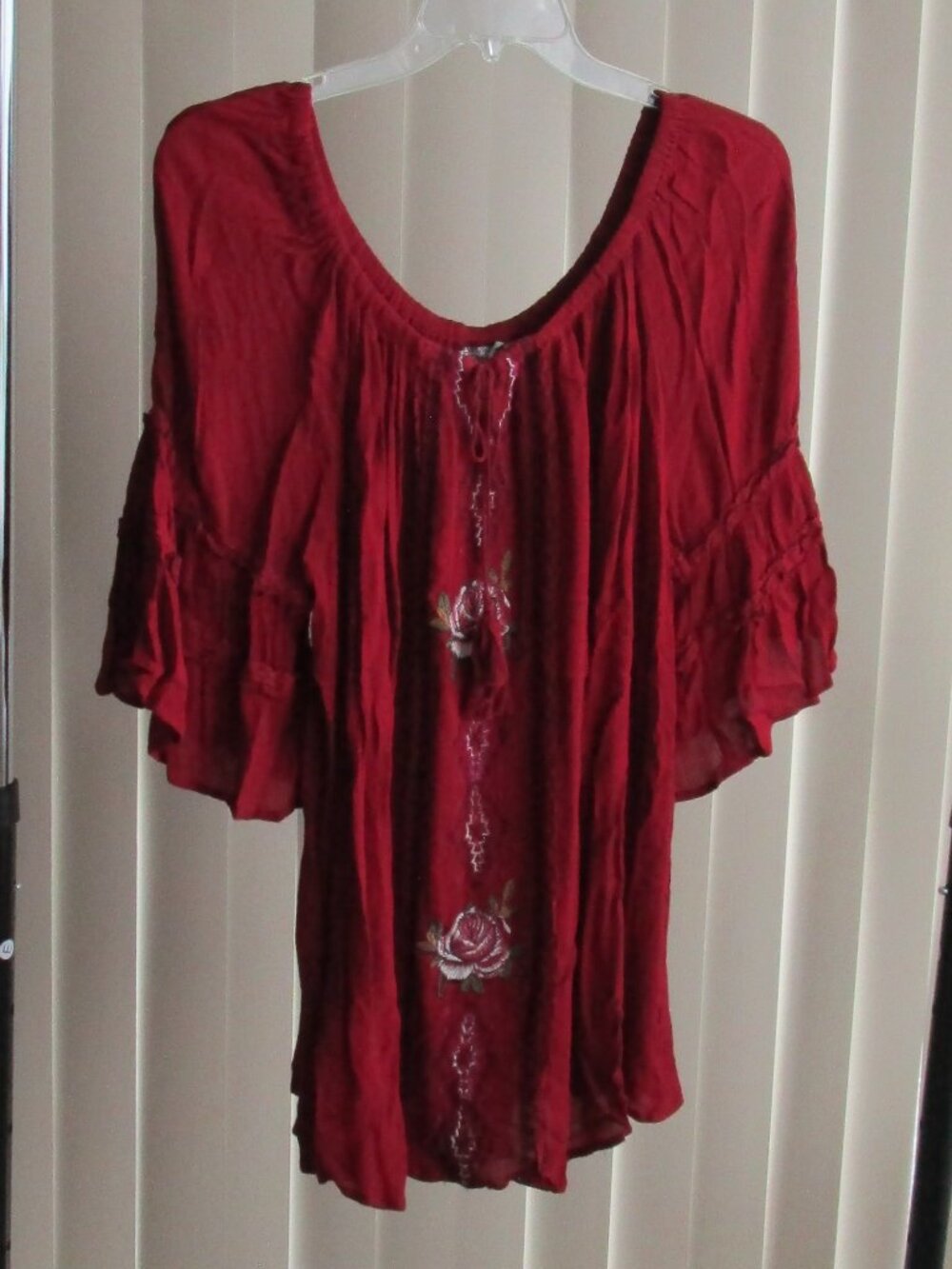 New Direction Peasant Blouse woman 2X - dark red embroidered flower front